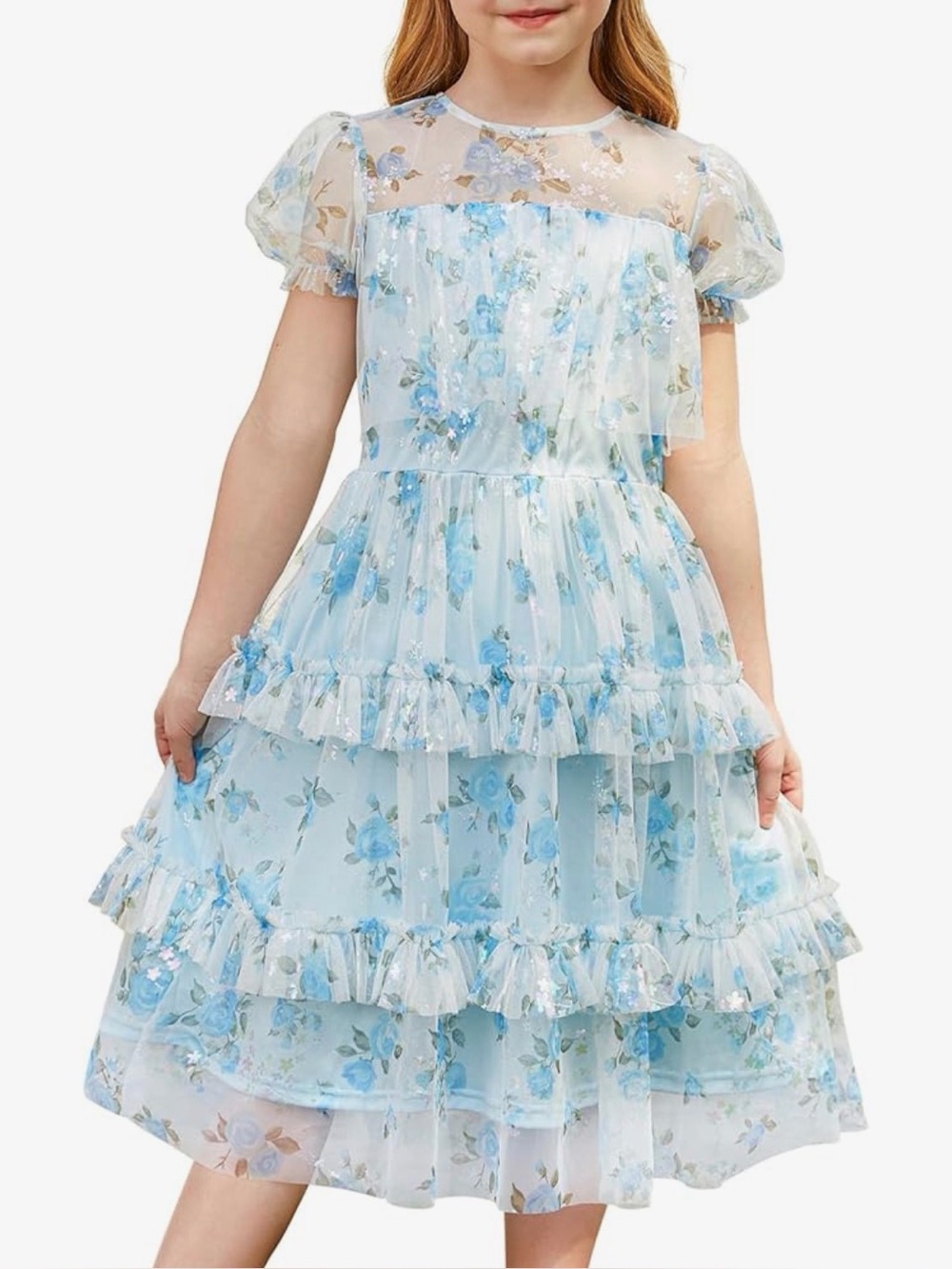 Grace Karin girls' blue floral dress features a ruffled, tiered mesh design